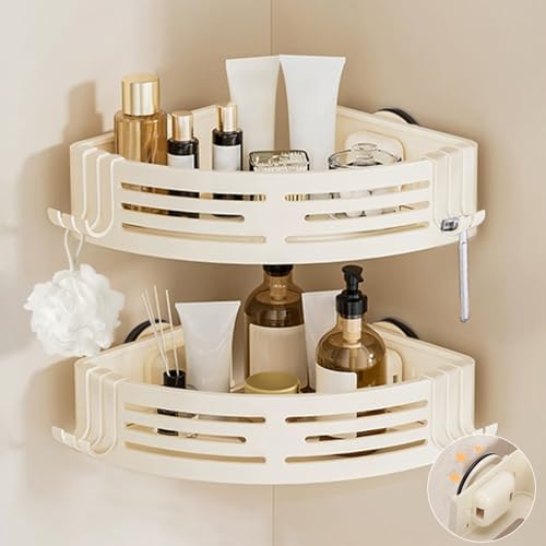 Image of Conworld Corner Shower Caddy Suction Cups, Corner Shower Shelf, Shower Organizer Suction for Bathrooms Storage with Hooks, No-Drilling Removable (Aluminum, 2-Pack, Cream)