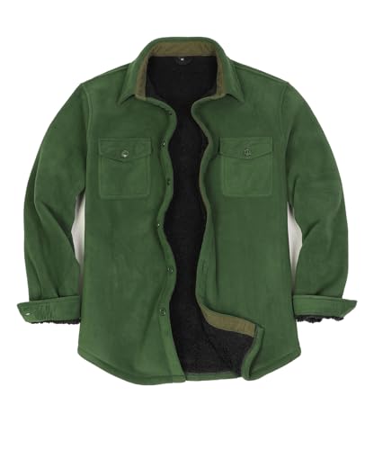 ZENTHACE Mens Fleece Lined Shirt Jacket Fall Winter Warm Thick Overshirt Outdoor Fluffy Cozy Shackets Flannels Solid Green 2XL