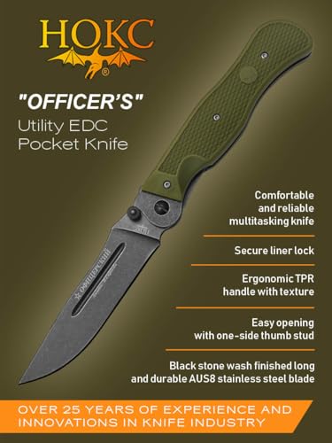 HOKC Officer's | 310-589903 | Pocket Knife, EDC Knife by Official Dealer - Designed by Russian Master Igor Skrylev - Liner Lock, TPR Handle, Brass Flat Washers, One-Sided Thumb Stud, Long and Durable AUS8 Stainless Steel, Black Stone Wash Finished - Ideal for Camping & Hunting