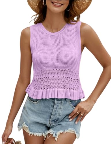 Image of VIMPUNEC Womens Crochet Crop Tank Tops Sleeveless Knit Sweater Vest Ruffle Hem Summer Top