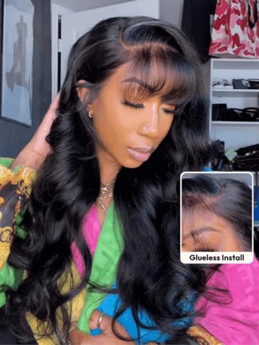 Image of Beauty Forever 13x4 Lace Front Human Hair Wig Pre Everything Loose Wave Glueless Wig with Wispy Air Bangs Side Part Fluffy Wave Drawstring Wig Pre Plucked Pre Cut Bleached Knots 150% Density 20inch