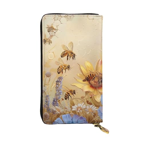 Women's Leather Wallet - Rural Honey Bees Wildflowers Prints Coin Purse Travel Card Holder Zipper Purse Cell Phone Handbag