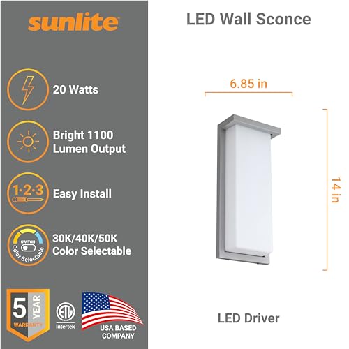 Image of Sunlite 81482 14 inch Modern LED Wall Sconce Light, Outdoor Fixture, Adjustable 3 CCT 3000K-5000K, 20 Watts, 1100 Lumens, Opal Shade, Brushed Nickel Frame, Indoor For Bathroom, Garage, Hallway & Entryways