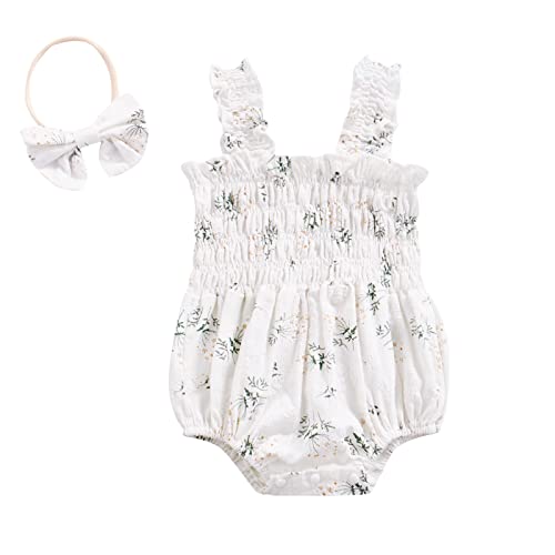Newborn Baby Girl Bodysuit Sleeveless Halter Frill Romper One-Piece Jumpsuit With Headband Summer Clothes Set (White Floral, 0-3 Months) #TOP18