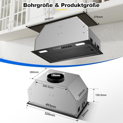 KICHPOWER Einbau Dunstabzugshaube 52cm, 750m³/h, Dunstabzugshaube Abluft/Umluft, Schwarz Abzugshaube, Gestensteuerung & Touch, 3 Leistungsstufen und Booster, mit Aktivkohlefilter und Rauchrohr