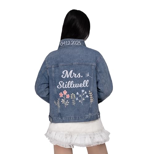 Personalized Embroidered Womens Jean Jacket Custom Bride Denim Jacket Wedding Anniversary Birthday Party Coat2