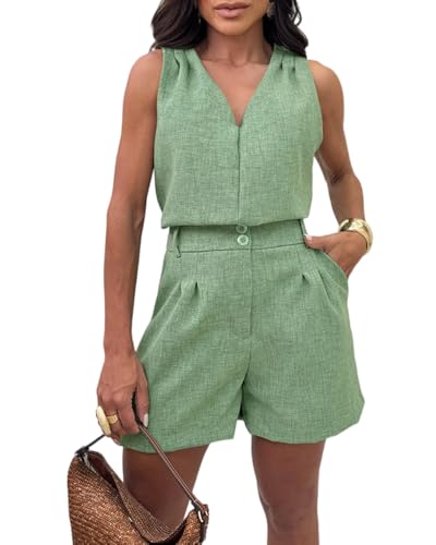 CHICME Women's Summer 2 Piece Outfits V-Neck Sleeveless Ruched Shoulder