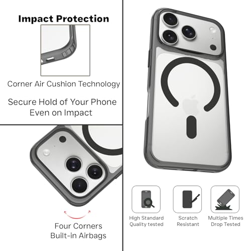 Image of RIGGEAR Shockproof Clear Hybrid Armor Magnetic Back Cover Case Compatible with MagSafe Accessories for iPhone 17 Pro Max (Clear-Black TPU Bumper + Transparent PC)(Black MagRing)