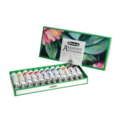 Schmincke – AKADEMIE® GOUACHE Farbkasten Kartonset mit 12 Tuben à 20 ml, Grundsortiment, feine, samtig-deckende Gouachefarben, 72730097, Malset