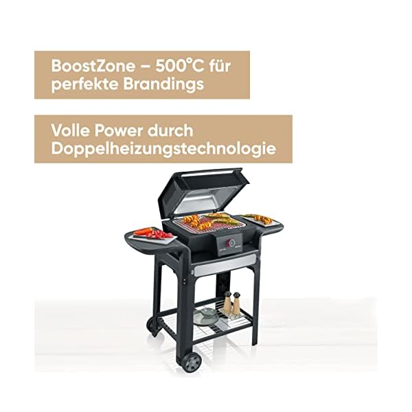 SEVERIN SEVO GTS Elektrogrill mit Deckel und Untergestell für drinnen und draußen, Standgrill mit schnellem Grillstart bis 500 °C, Balkon Grill mit Slow Cooking Option, Edelstahl/Schwarz, PG 8107 – Bild 3