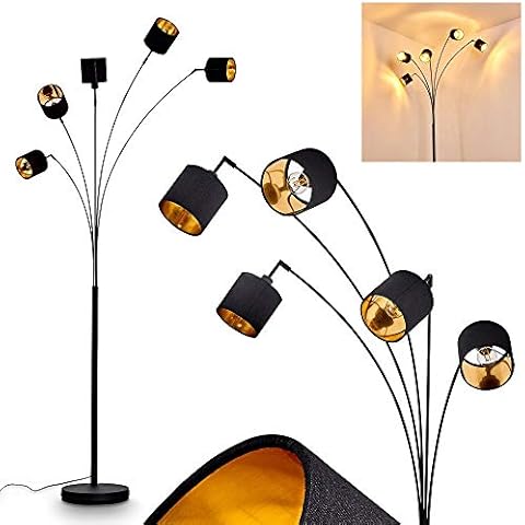 Stehlampe Alsen, moderne Stehleuchte aus Metall/Stoff in Schwarz/Gold, 5-flammig, 5 x E14, Höhe 204 cm, Bodenlampe mit verstellbaren Textil-Schirmen und Fußschalter am Kabel, ohne Leuchtmittel Cover