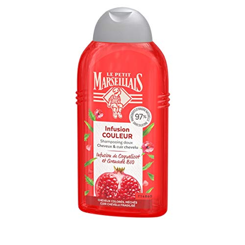 Le Petit Marseillais – Shampooing Sublime Couleur Pulpe de Grenade Bio (flacon de 250 ml) – Shampoing sans silicone pour cheveux méchés et colorés – Soin cheveux pour une brillance optimale