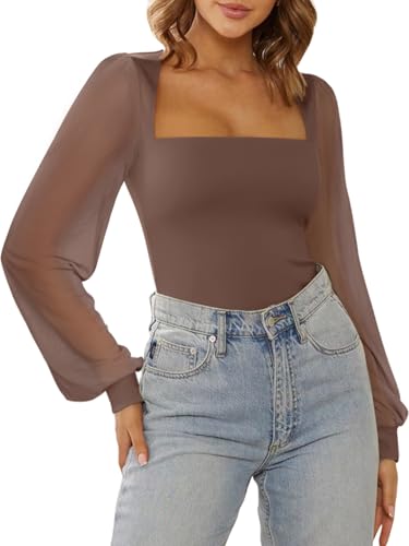 Image of PINKMSTYLE Women's Square Neck Double Lined Mesh Long Sleeve Bodysuits | Sheer Puff Sleeve Body Suit,Slim fit Trendy Going Out Tops,Concert Outfit