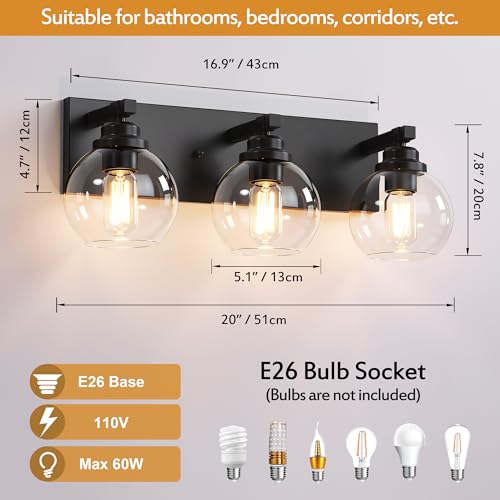 Image of LmnLvn Farmhouse 3-Light Vanity Light, Matte Black Metal with Glass Shade
