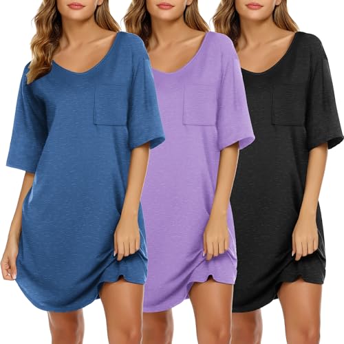 Ekouaer Nightgowns for Women 3 Pack Sleepshirt Short Sleeve Nightshirt V Neck Sleepdress Oversized Sleepwear