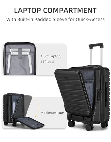 LARVENDER Carry On Luggage 22x14x9 Airline Approved, 20 Inch Expandable PC+ABS Hardside Carry On Luggage with Front Pocket Spinner Wheels TSA Lock for Women Men (Black)3