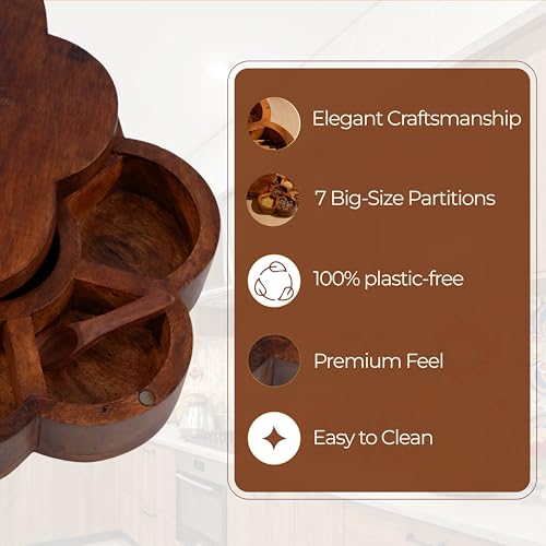 Image of Ikari Homes Wooden Masala Box, Round Shape Spice Container with 7 Compartments and Lid I Healthy & Plastic Free I Magnetic Closure I Hand crafted Carved Design I Big Size 10 in x 4 in