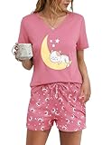 Litherday Conjunto Pijama Mujer Verano Cuello en V Manga Corta con Shorts Estampado Gato Luna y Estrellas Pijama Algodón Suave y Transpirable Rosa Roja XL