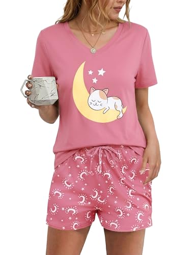 Litherday Pijama Mujer Verano Algodón 65% Manga Corta Cuello en V Conjunto Corto con Estampado de Gato y Estrellas Ropa de Dormir Cómoda Rosa Roja S