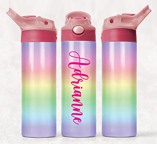 Personalized Insulated 12oz or 20oz Rainbow Water Bottle | Custom Girls Back To School Tumbler | Stainless Steel Insulated | Personalized School Leak Proof Drinkware | Travel Cup | (RAINBOW)