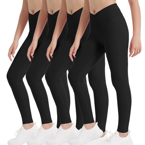 EXARUS 4 Pack Girls Leggings Kids Athletic Yoga Pants Crossover V Waist High Waisted Compression for School Dance Black 10Y