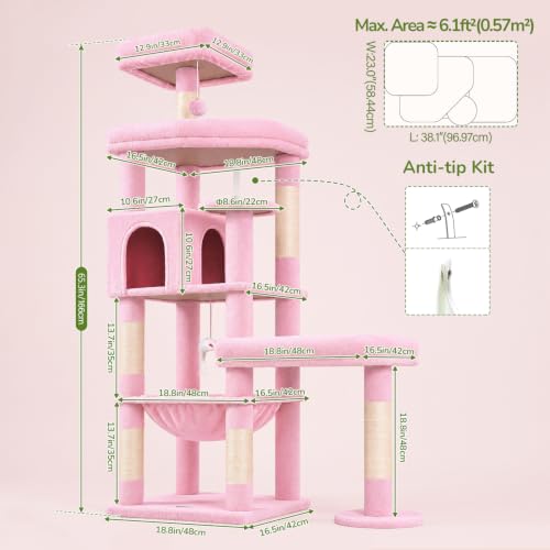 Image of Globlazer Extra Large Platform Cat Tree, 65in Sturdy Cat Scratching Tree for Indoor Cats Large Adult, Big Cat Perch Tower with 3 Padded Perches, 6 Scratching Posts, Cat Condo, Hammock, S65, Pink