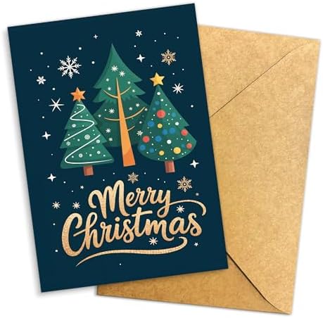 (5.3x8in) Merry Christmas Card, Festive Holiday Greeting with Three Christmas Tr