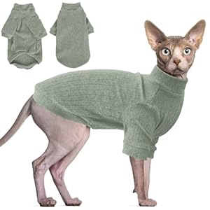 Idepet Sphynx Hairless Cats Sweater Shirt Kitten Soft Puppy Clothes Pullover Cute Cat Pajamas Jumpsuit Cotton Apparel Pet Winter Turtleneck for Cats and Teacup Chihuahua Small Dogs(Green,M)