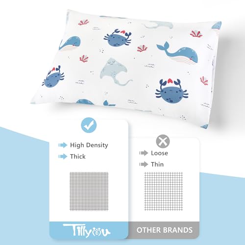 Image of TILLYOU Toddler Pillowcase 2 Pack with Envelope Closure,13 inch x 18 inch Silky Soft Microfiber Travel Kids Pillowcase for Boys and Girls, Beach Time Turtle&Manta Ray