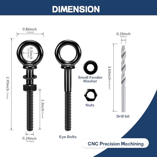 Image of Helffer 5 Pack Black Titanium Shoulder Eye Bolt, 1 /4 inch x 2 inch Shank T316 Stainless Steel Heavy Duty Lifting Eyebolts with Nuts Washers & Drill Bit, for Cable Railing, Deck, Marine Grade