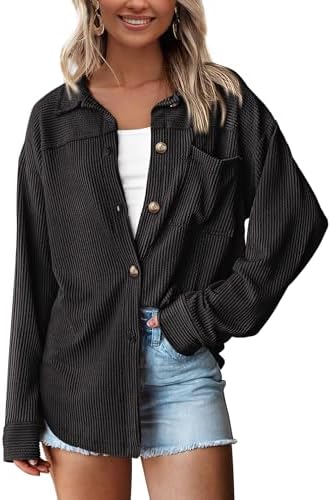 PRETTYGARDEN Women's Button Down Shirts 2025 Fall Long Sleeve Textured Stripe Tops Oversized Shacket Jacket Knit Blouses