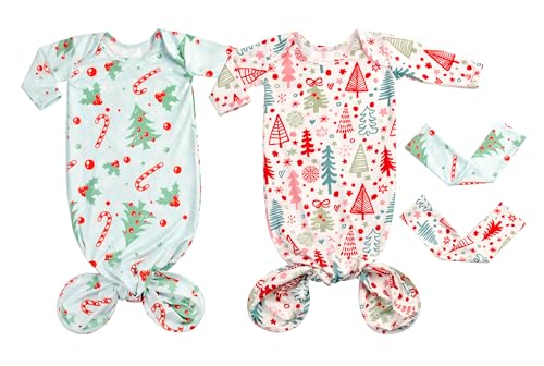Newborn Baby Girls Knotted Gown Sets Nightgowns Soft Sleeper Gown with Headband Set for Baby -2 Pieces (Blue and Red Christmas, 0-3 Months)