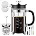 Veken French Press Coffee Maker (34 oz), 304 Stainless Steel Coffee Press with 4 Filter Screens, Durable Easy Clean Heat Resistant Borosilicate Glass - 100% BPA Free, Silver
