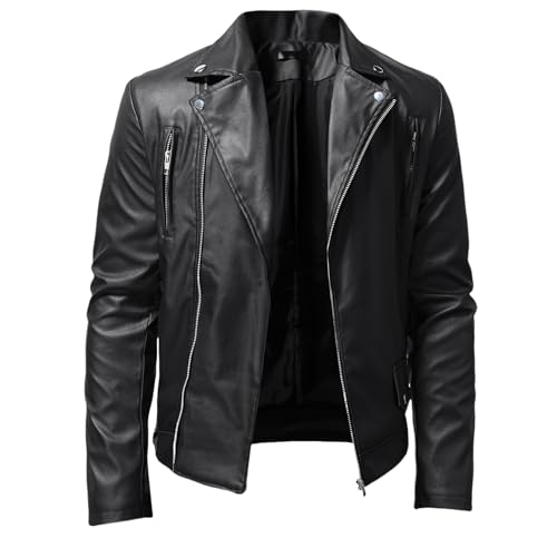 Chaqueta Piel Hombre,Chaqueta De Motociclista Retro De Cuero Sintético para Hombre, Estilo Rockero, con Cremallera Completa, Cuello De Solapa, Manga Larga, con Bolsillos, Cortavientos, Moda Urbana,