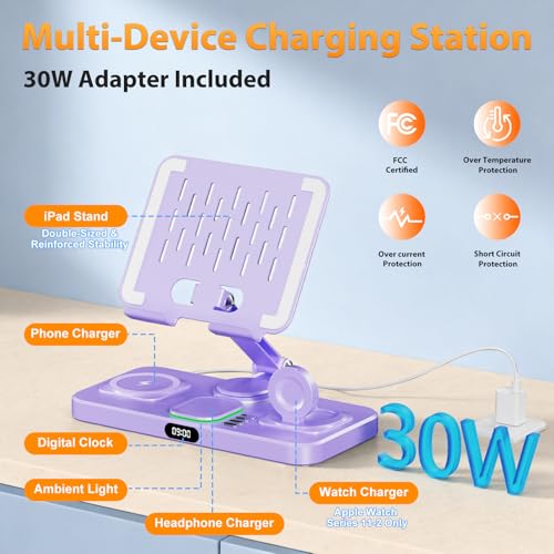 Image of 30W Charging Station for Apple Products, Foldable Wireless Charger with Clock Display&7 Color Light, Wired Charging for iPad /Tablet Charging Station for iPhone17, for Apple Watch11 for AirPods4(Purple