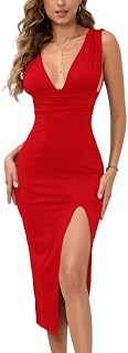 Kleider Damen Sexy Ärmelloses Tiefer V-Ausschnitt Kleid Hochzeitsgast Midikleid mit Schlitz Figurbetontes Sommerkleid Elegant Cocktailkleid Partykleid Wickelkleid Enges Festliche Kleider