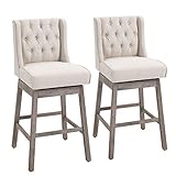 HOMCOM Set of 2 Barstools, 180 Degree Swivel Kitchen Island Stool Dining Room Chairs with Solid Wood Footrests and Button Tufted Design, Beige