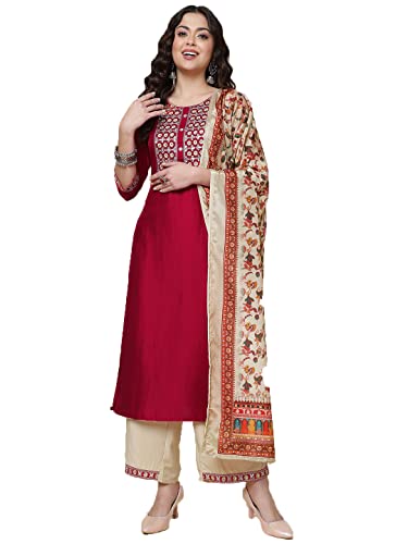 Shiv Textiles Digital Printed Round Neck Polyester Straight Kurta Set with Pent Duppata for Womens (224-Red-XL)
