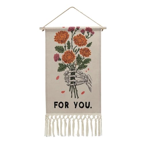Jubonexis Arazzo da parete in lino, motivo scheletro con fiori per te, poster vintage da parete con nappe e asta in legno