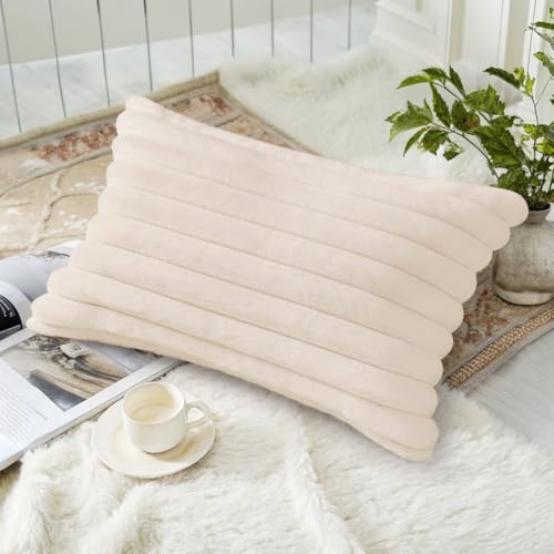 Image of decorUhome Fall Cozy Faux Fur Throw Pillow Covers 12x20 Set of 2 Decorative Soft Plush Striped Lumbar Modern Farmhouse Boho Couch Pillow Cases with Velvet Back for Sofa Bed Living Room, Beige