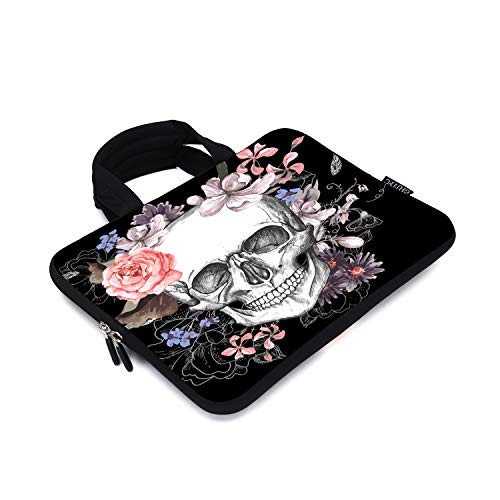12 Inch Laptop Sleeve Carrying Bag Protective Case Neoprene Sleeve Tote Tablet Cover Notebook Briefcase Bag With Handle For Women Men(Skull Flower,12") #TOP2