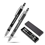 Personalized Pen Gift Set, 2 Rubberized Metal Luxury Ballpoint Pens +Night Writer LED Flashlight +Stylus +Gift Box, Custom Engraved Name,logo,or text Black/Grey