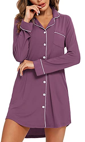 Image of Samring Nightgown for Women Long Sleeve Button Down Night Gown Boyfriend Nightdress Sleep Shirts