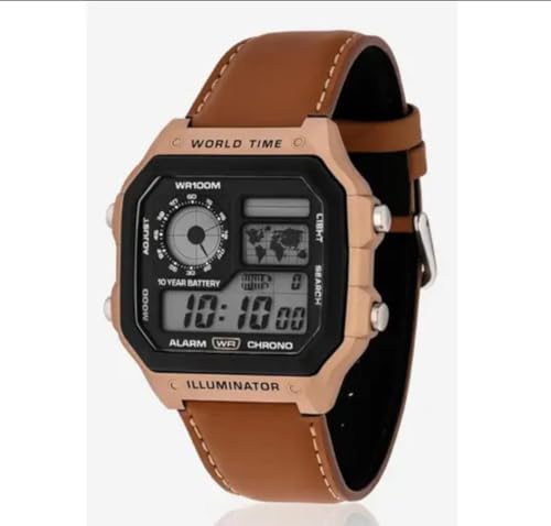 Image of Digital Sports Watch with Leather Strap, World Time, Water Resistant, Illuminator, Alarm and Chrono Functions