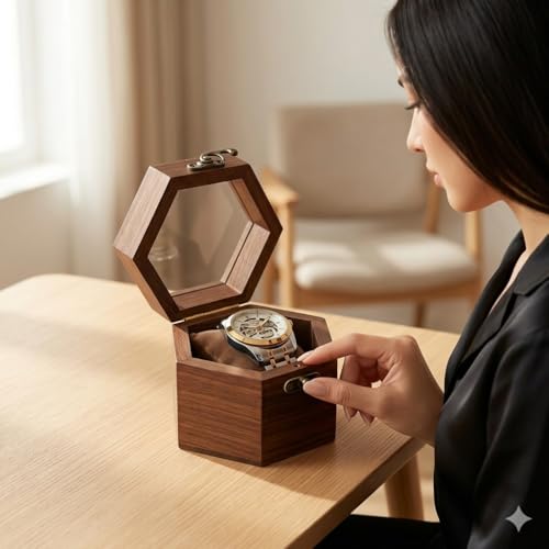 Image of Wooden Watch Box /Case, Handmade Hexagonal Shape, Gift For Men /Women, Watch Collection Box Case, Watch Storage Box, Watch Box Organizer Display, (Pack Of 1, Golden Brown)