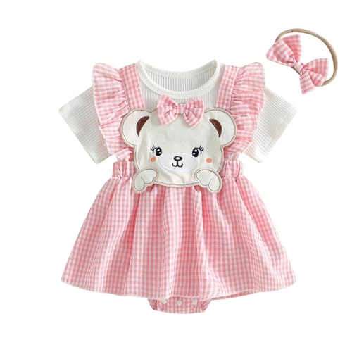Image of Amnnchya Newborn Baby Girl Clothes Cute Bear Ribbed Short Sleeve Romper Dress Infant Ruffle Plaid Skirt Summer Spring Outfit