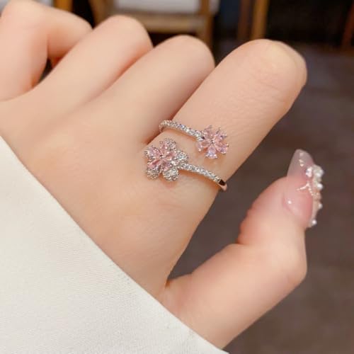 Kokoma Pink Plum Blossom Flower Ring for Women Crystal Cubic Zirconia Floral Ring Adjustable Wrap Finger Rings Dainty Engagement Wedding Jewelry3