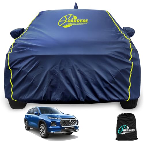 Image of Weterproof Car Body Cover Compatible for Grand Vitara Car Cover with Mirror, Anteena Pocket and Soft Cotton Lining, Bottom Elastic, Triple Stitched (Polypropylene Navy Blue & Yellow Stripes)