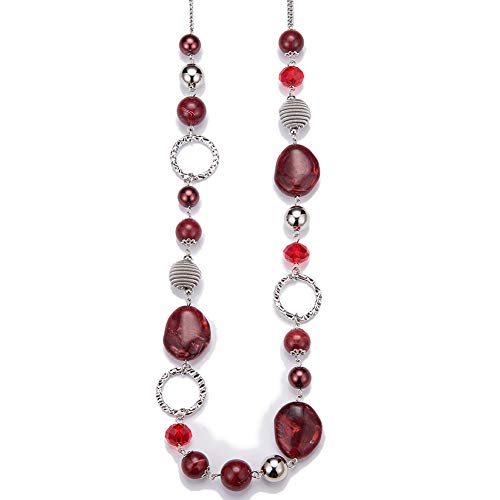 BULINLIN Collar Largo de Plata Bohemio para Mujer Collares de Cuentas Largos Elegante Joyas de Mujer Regalos Cumpleaños para Ella(Red)