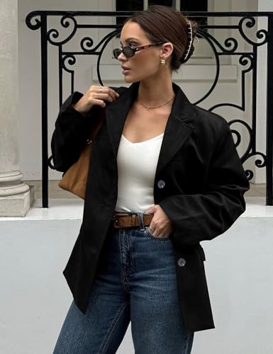 Flygo Womens Faux Suede Blazer Jacket Vintage Long Sleeve Button Down Casual Blazer Business Work Outfits(Black-L)3